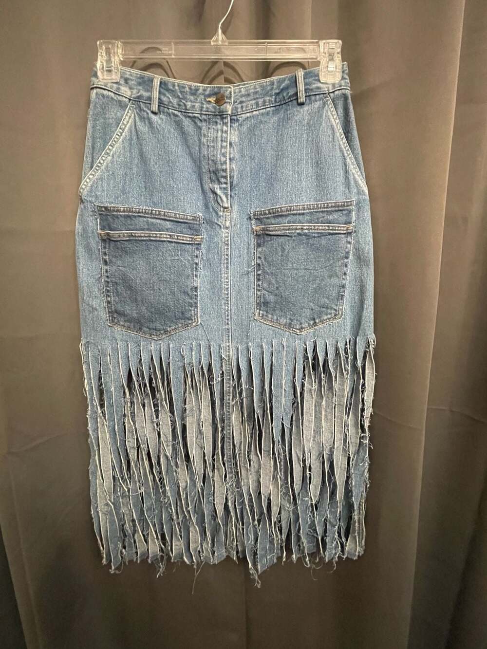 L.L. Bean Blue Denim Skirt with Fringe Hem
